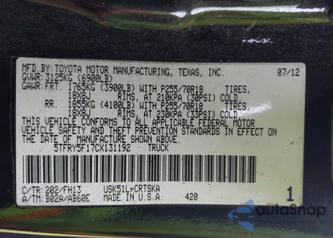 2012 Toyota Tundra Grade 5.7L V8 from USA, damaged, VIN 5TFRY5F17CX131192
